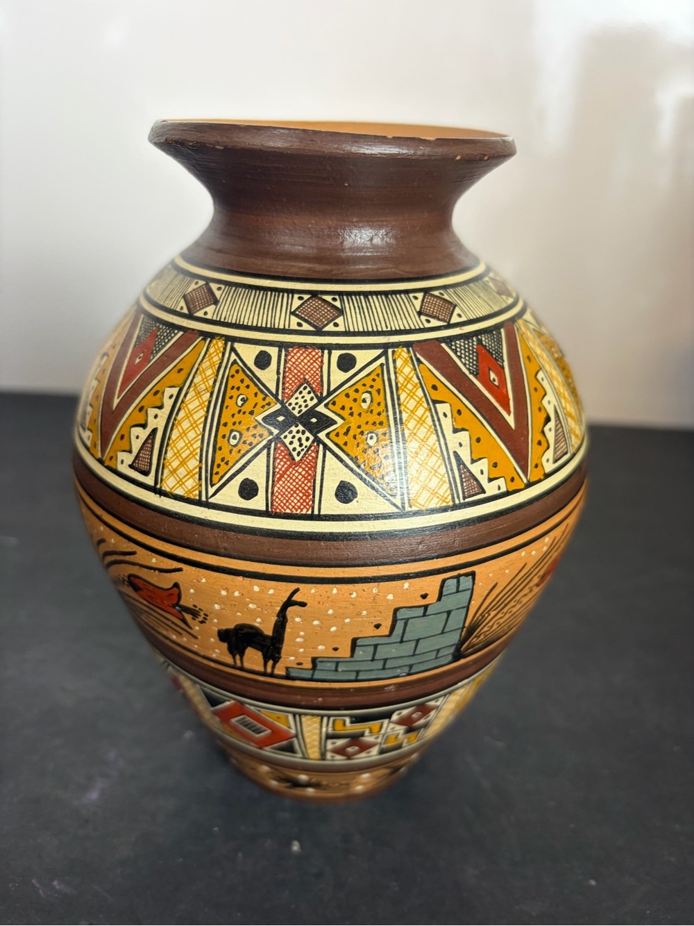 Hand-Painted Peruvian Vase with Geometric & Llama Motif - Rust, Yellow, Black